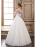 Sheer Neck Ivory Pearls Tulle Floor Length Wedding Dress 